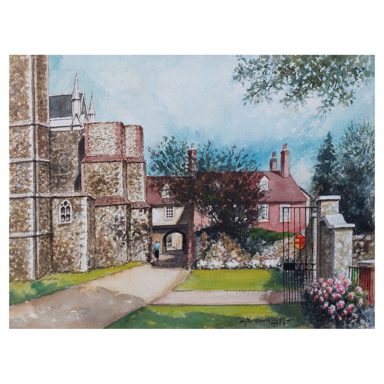 Traditionelles englisches Gemälde der Kathedrale von Rochester, Deanery Gate, Kent, England im Angebot