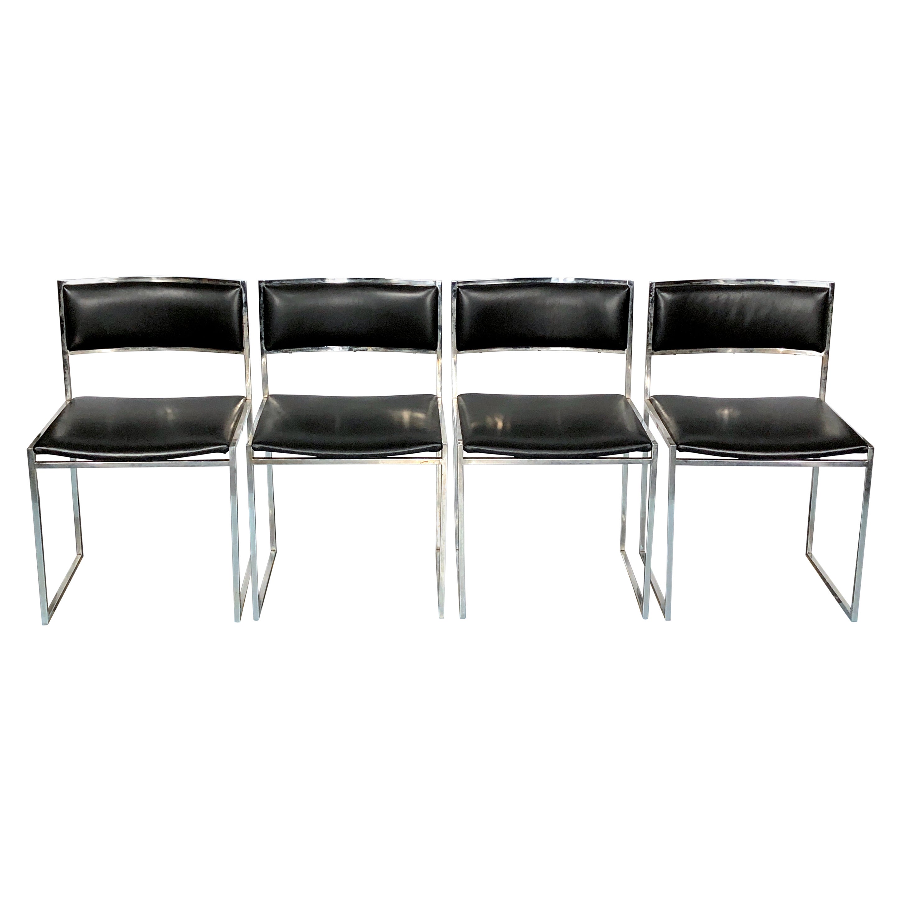 Romeo Rega, Set of Four Chrome and Leather Dining Chairs from 60s For Sale