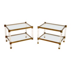 1970's Pair of Vintage Lucite, Brass & Glass Side Tables