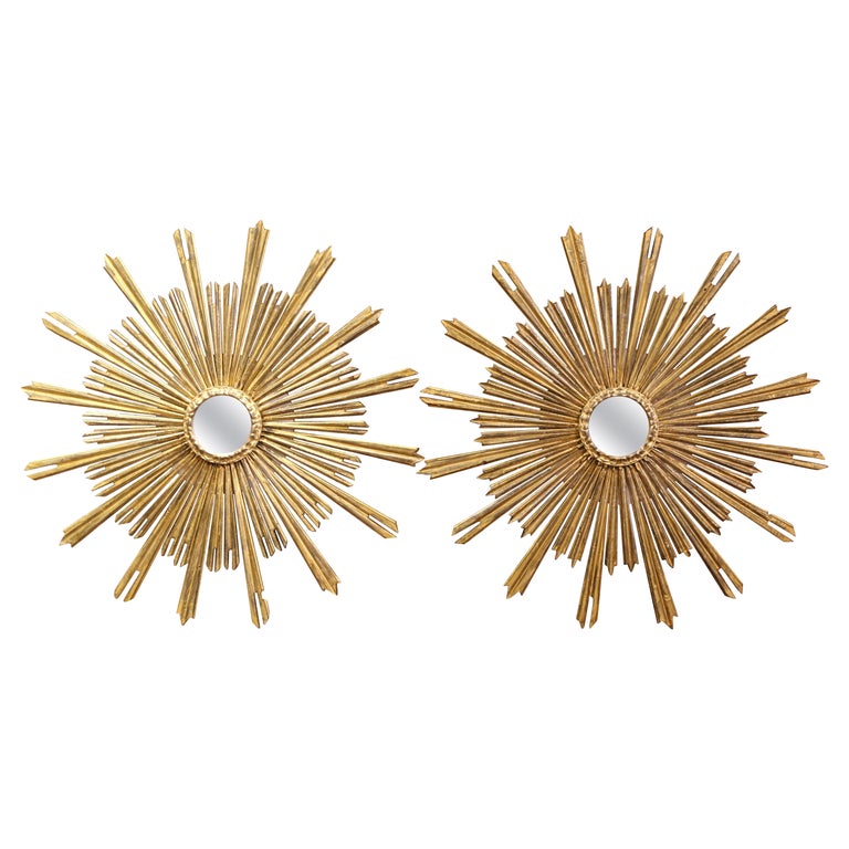 Pair of MidCentury French Carved Giltwood Sunburst Mirrors For Sale at 1stDibs