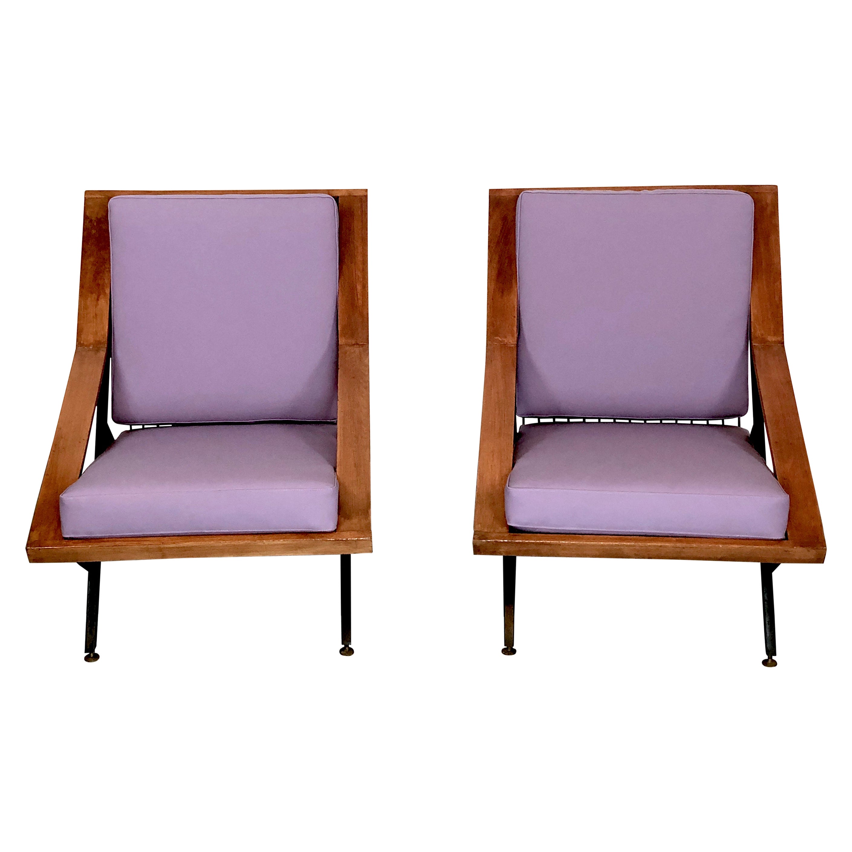 Mid-Century, Pair of Italian Wood and Metal Armchairs For Sale