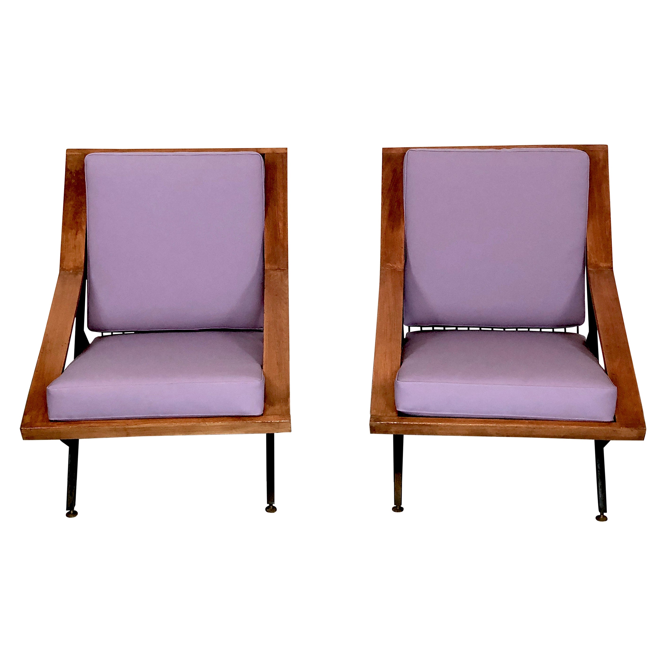 Mid-Century, Pair of Italian Wood and Metal Armchairs