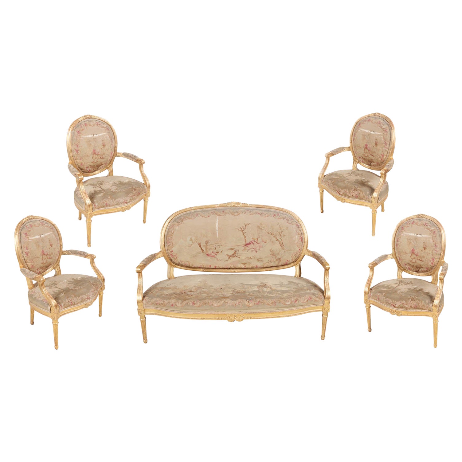 19th Century Louis XVI Style Carved Five Piece Gilt Salon Suite For Sale