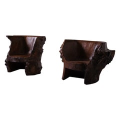 Carved Elm Wooden Free Form Chairs, France, 1970s