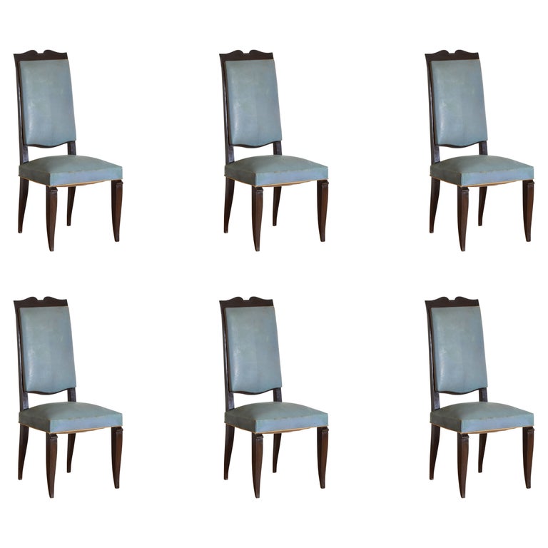 Set of 6 French MidCentury Ebonized Wood and Leather Dining Chairs