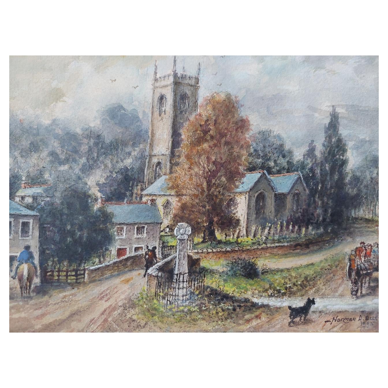 Traditional English Painting Church and Figures at Altarnun, Cornish School For Sale