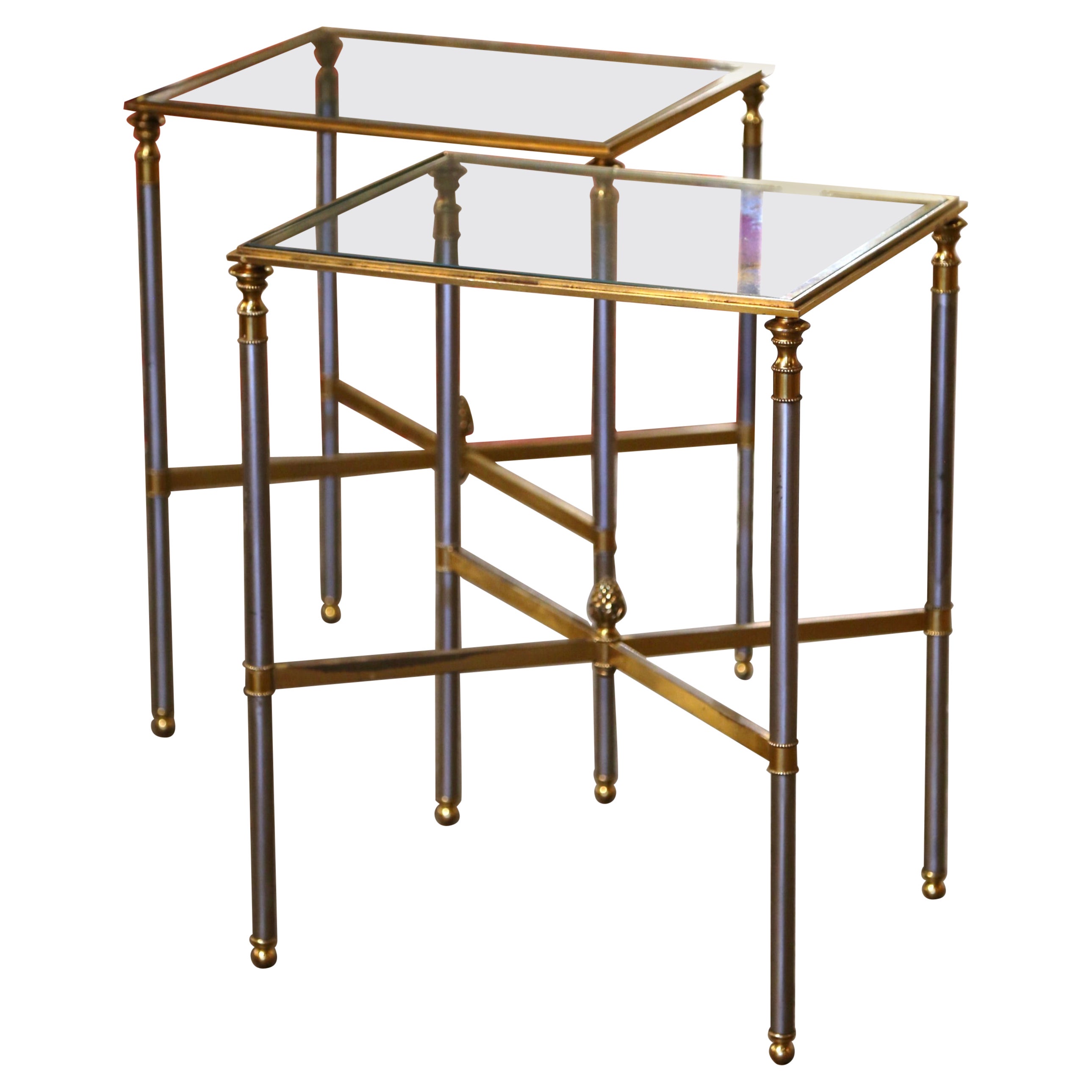 Pair of Mid-Century French Brass, Steel and Glass Side Tables