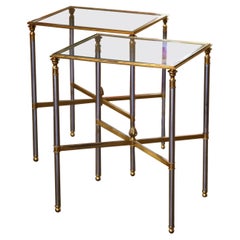 Pair of Mid-Century French Brass, Steel and Glass Side Tables