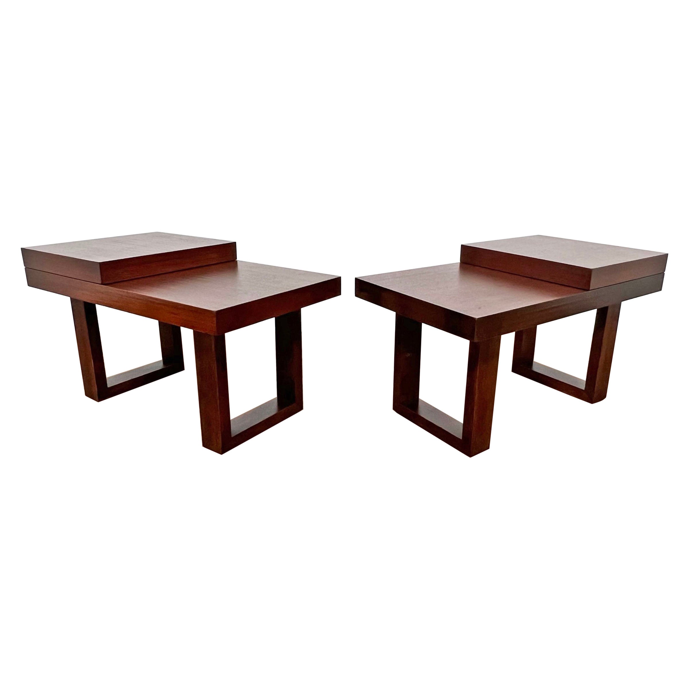 Pair of Sleek Modernist Mahogany Step End Tables, Ca. 1960s For Sale