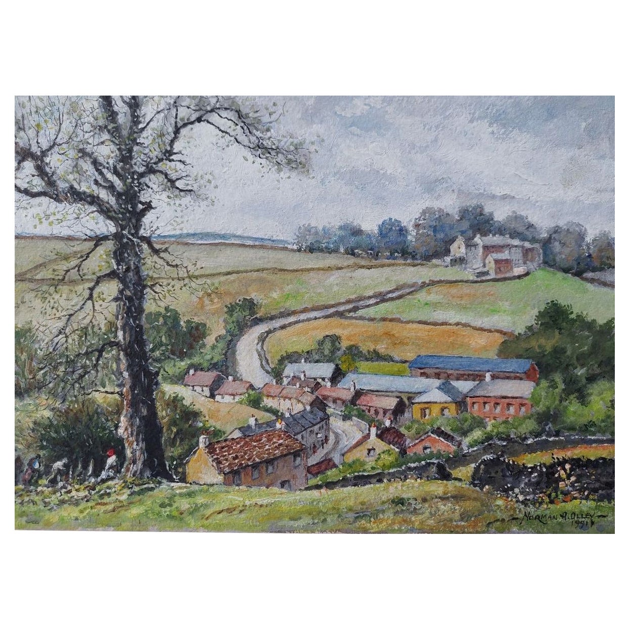 Traditionelles englisches Gemälde, Landschaft auf einer Gänseblümchenfarm, Braithwaite Yorkshire