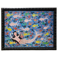 Gerard Fortune Signed Haiti Haitian Original Large Mermaid Folk Art Painting