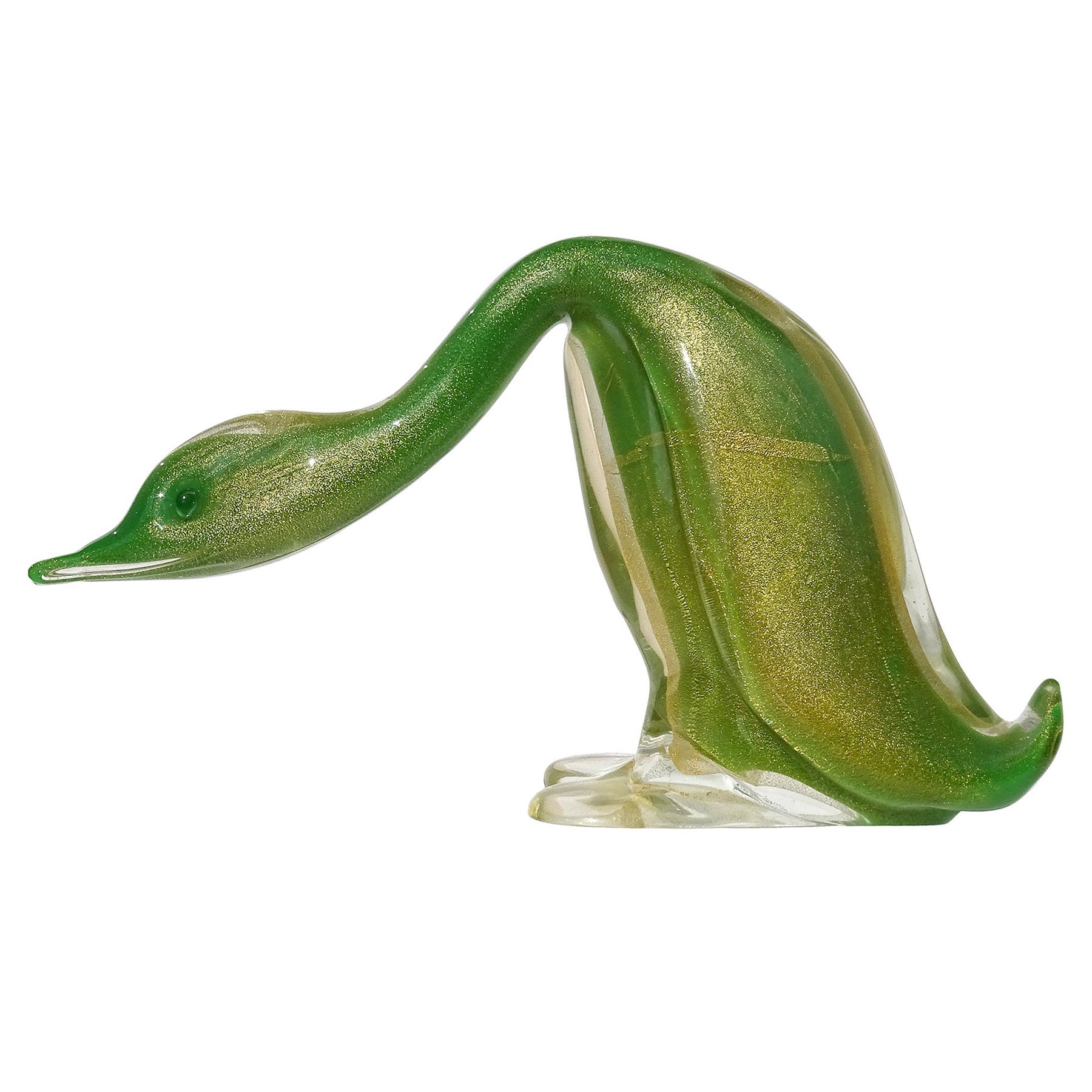 Seguso Murano, grande figurine d'oiseau de canard en verre d'art italien vert et moucheté d'or en vente
