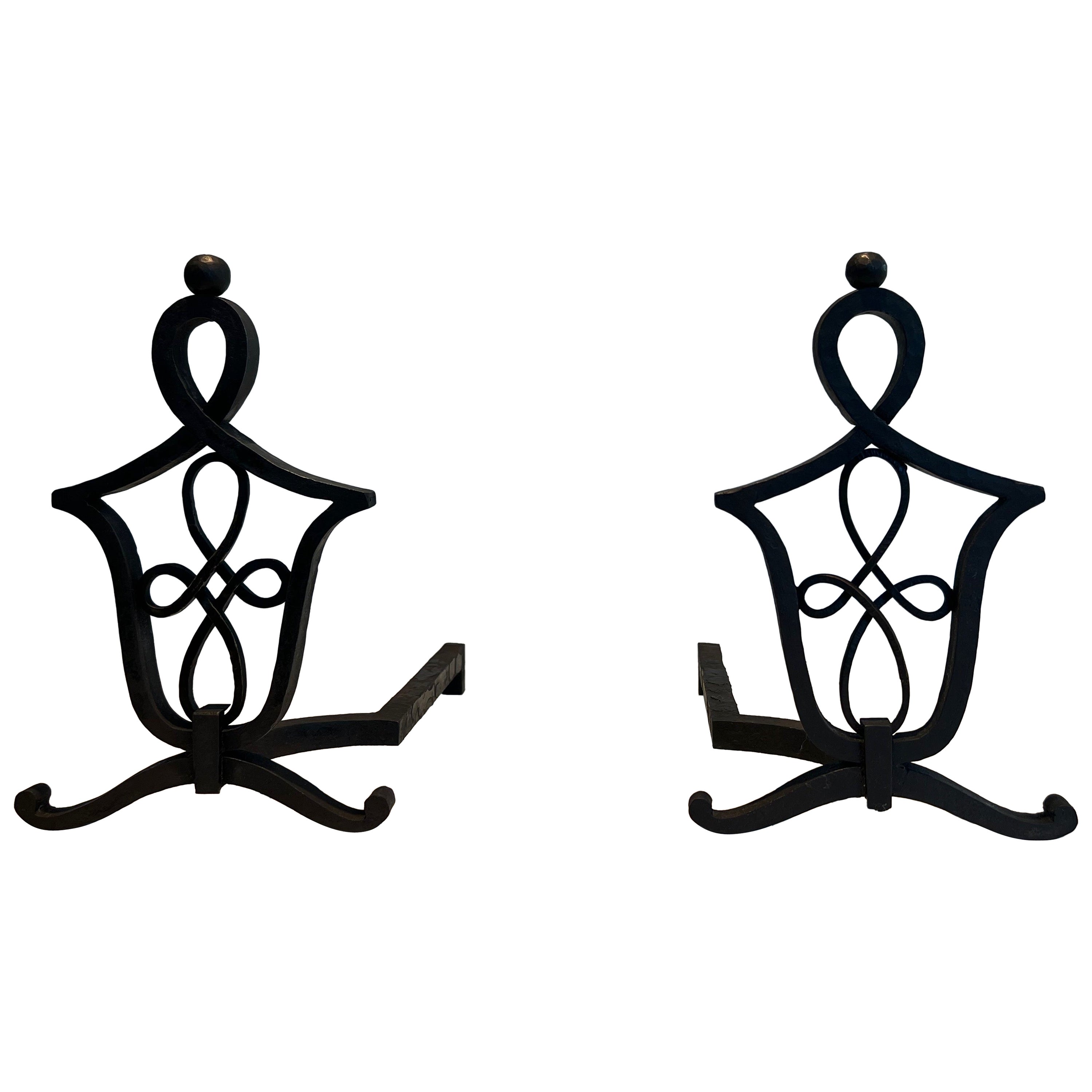 Pair of Wrought Iron Andirons in the Style of Raymond Subes