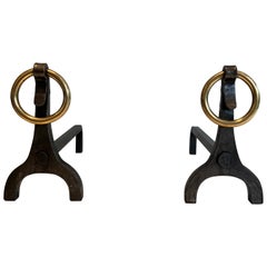 Pair of Modernist Steel, Iron and Brass Andirons by Jacques Adnet