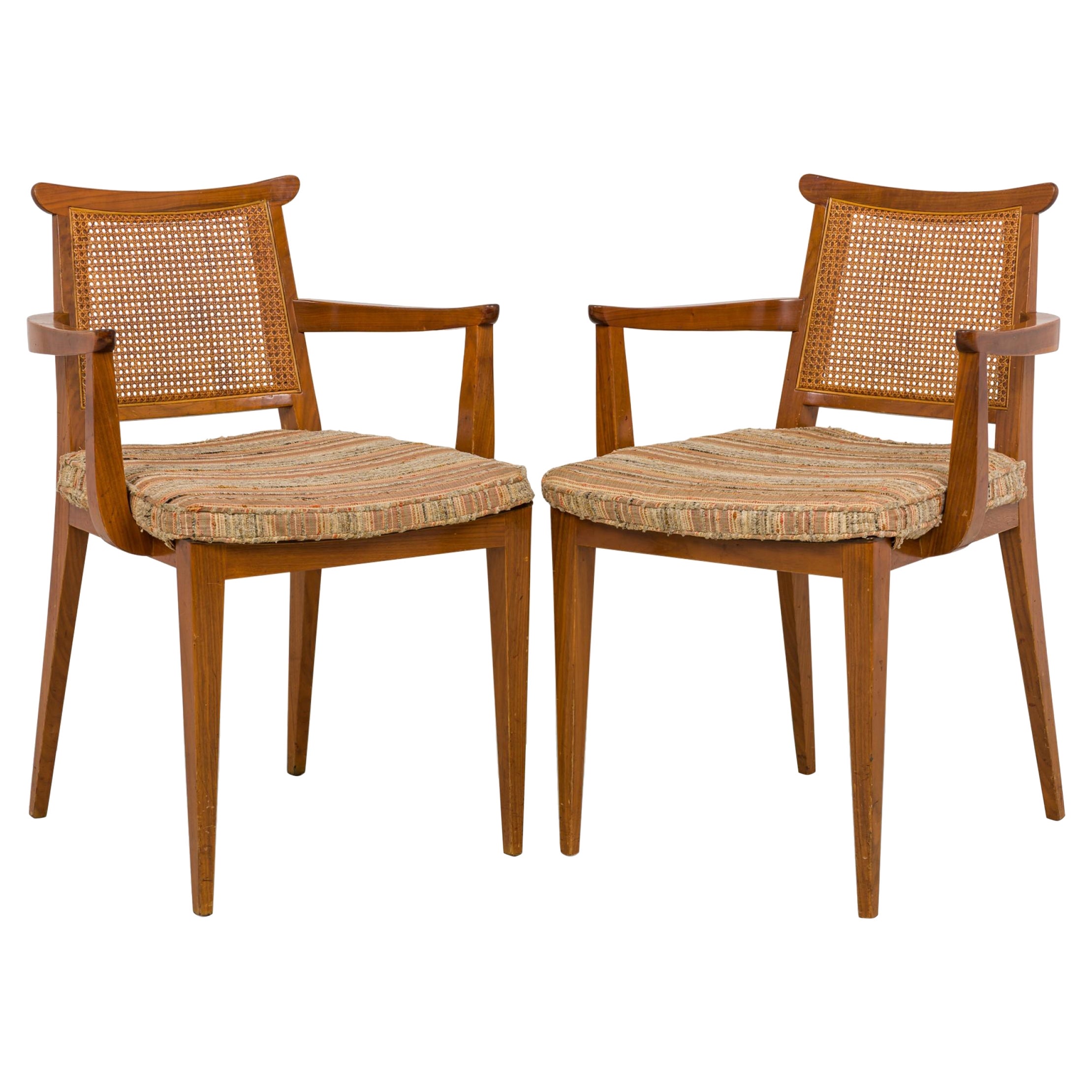 Pair of Edward Wormley for Dunbar Caned Back Linen Seat Wooden Dining Armchairs For Sale