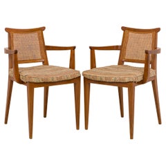 Pair of Edward Wormley for Dunbar Caned Back Linen Seat Wooden Dining Armchairs