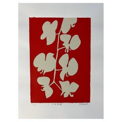 Vintage Japanese Contemporary Red and White Screen print Leaves by Shosuke Osawa