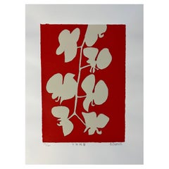 Serigrafia contemporanea giapponese in bianco e rosso Foglie di Shosuke Osawa