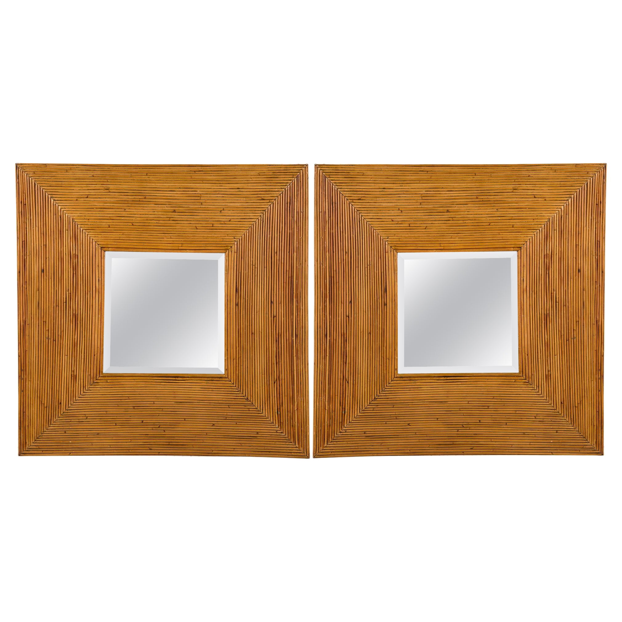 Pair of Mid-Century Square Pencil Reed Framed Wall Mirrors For Sale