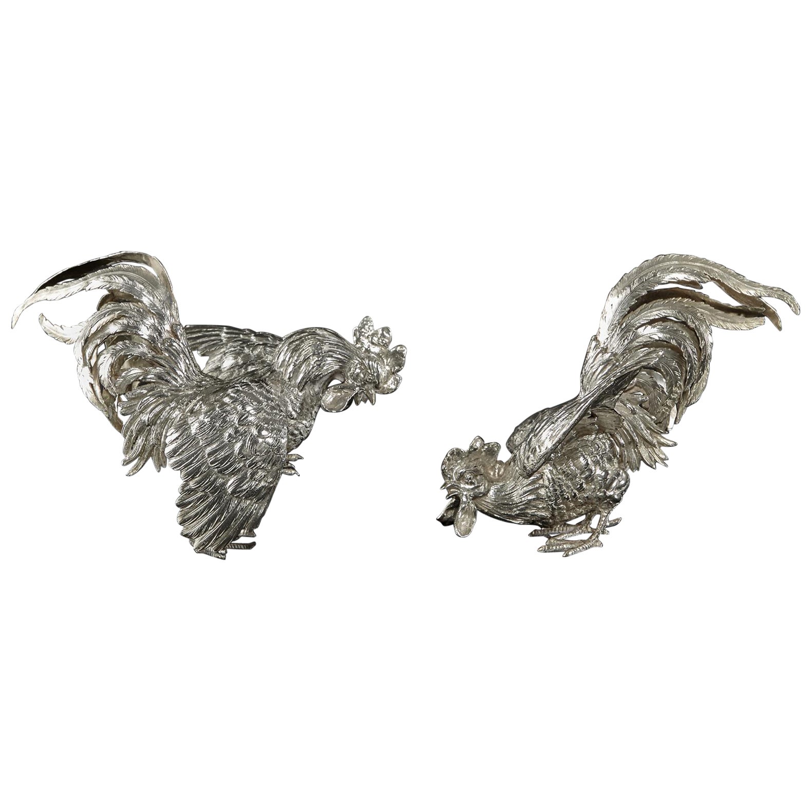 Pair of Sterling Silver Model Fighting Cockerels For Sale