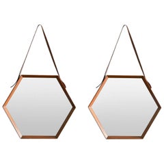 Pair of Hexagonal Mirrors with Wooden Frame and Leather Laces 'Set of 2'