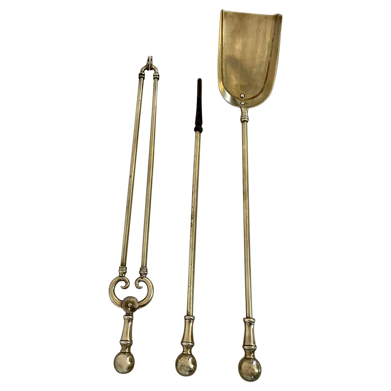 Antique Victorian Quality Set of 3 Brass Fire Irons