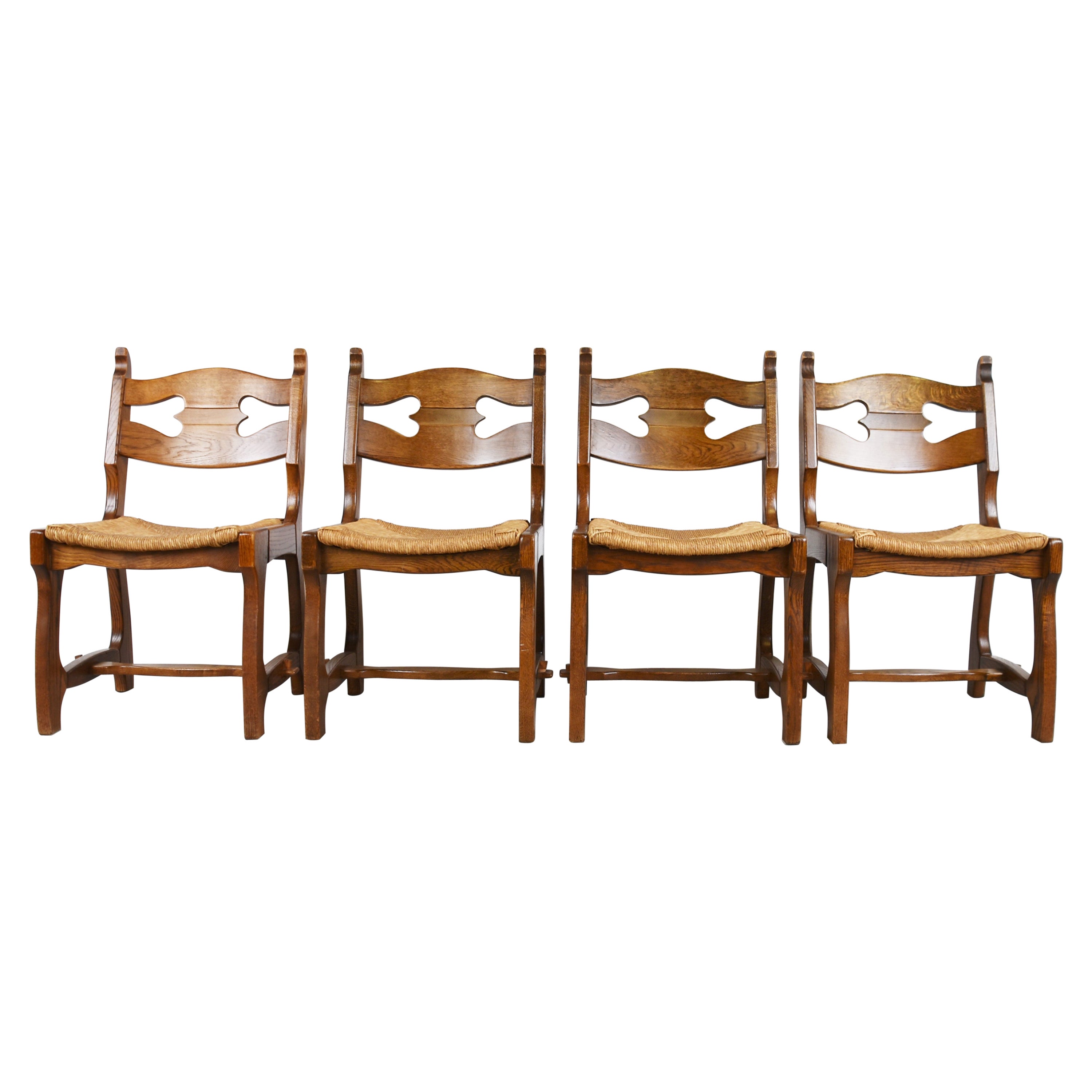 Vintage Oak and Wicker Brutalist Dining Chairs, 1960s For Sale