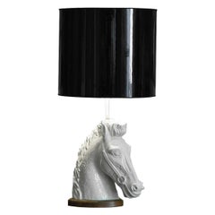 Vintage Cavallo Ceramic Lamp with Black Vinyl Lampshade and Wooden Base, 1970s