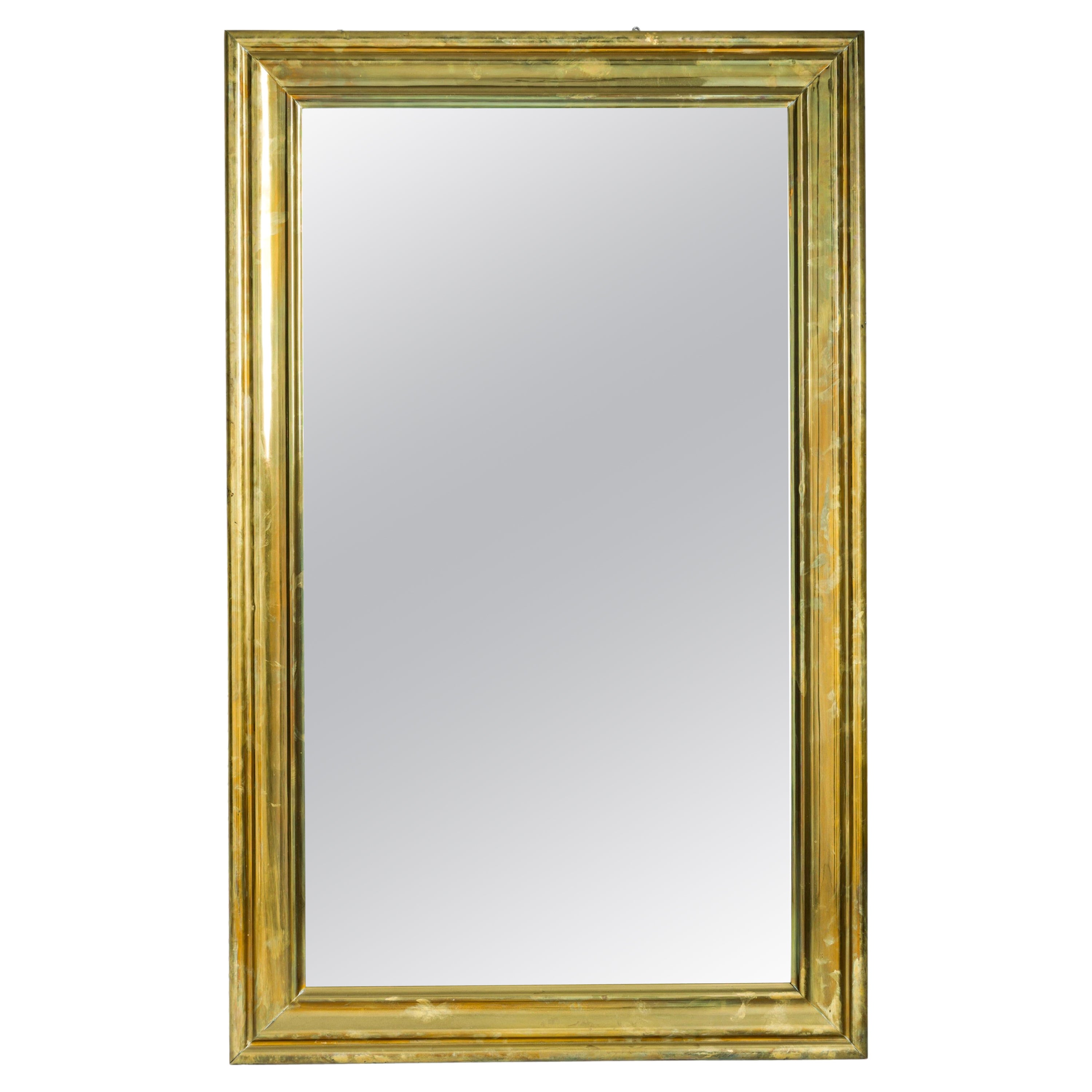 Mid-Century Rectangular Ogee Brass Veneer Bistro Wall Mirror For Sale