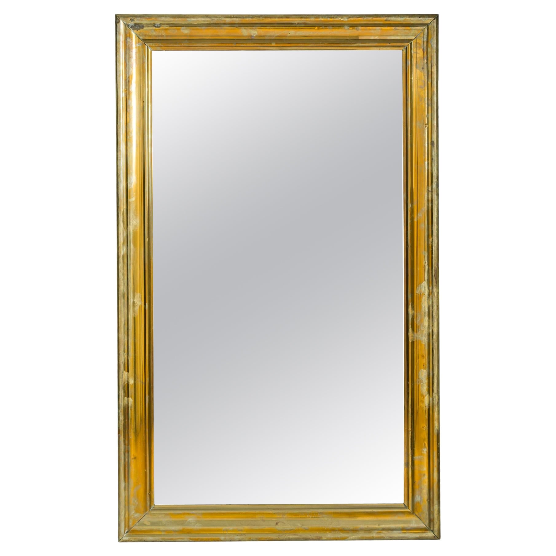Mid-Century Ogee Brass Veneer Rectangular Bistro Wall Mirror For Sale