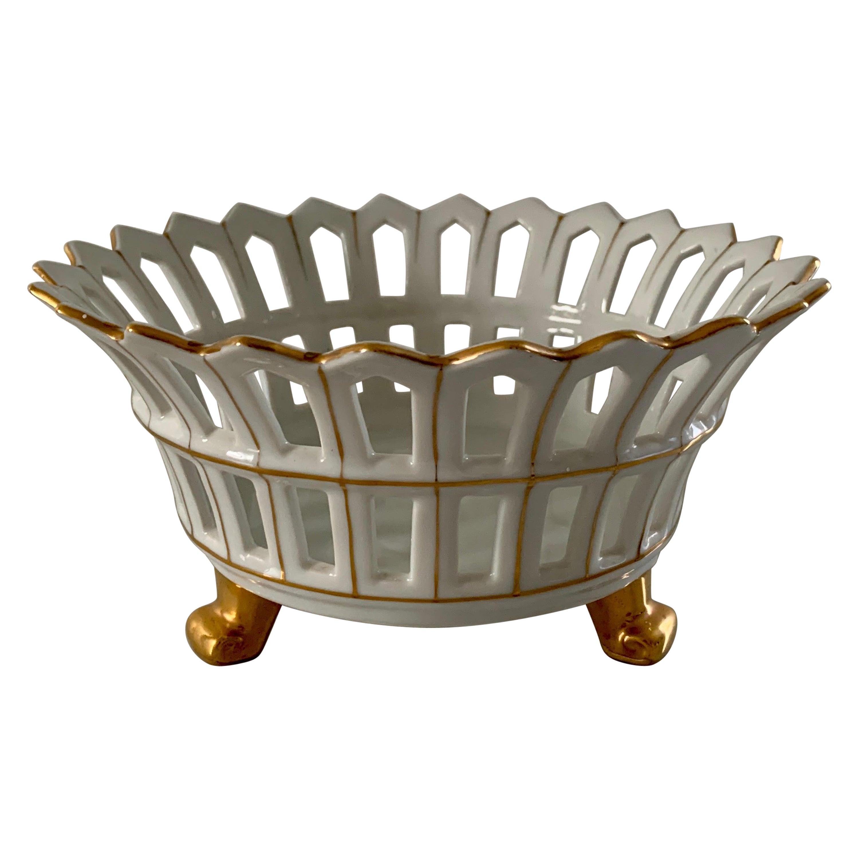 Reticulated Gold Gilt Porcelain Footed Basket For Sale