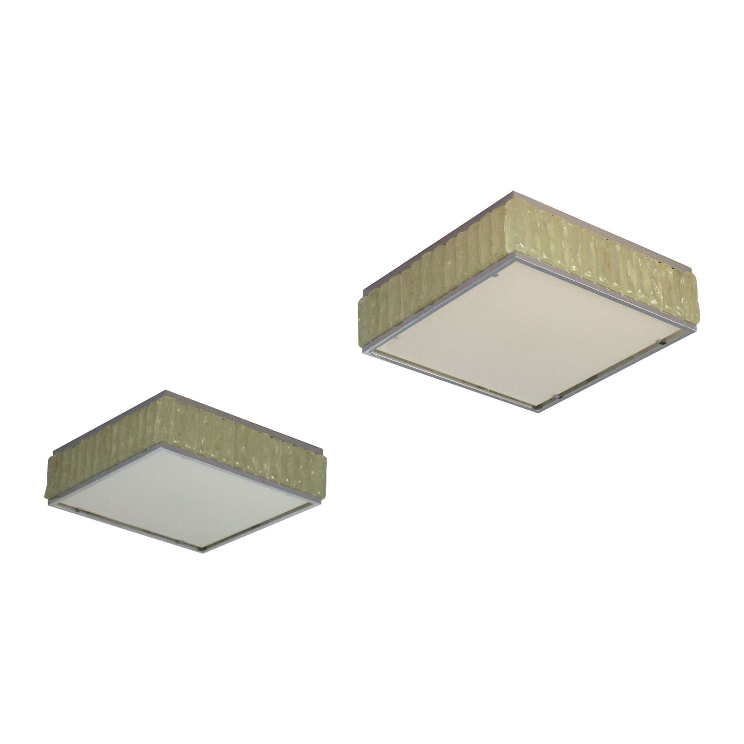 Pair Fine French 1970s Square Glass and Chrome Flush Mounts by Jean Perzel For Sale