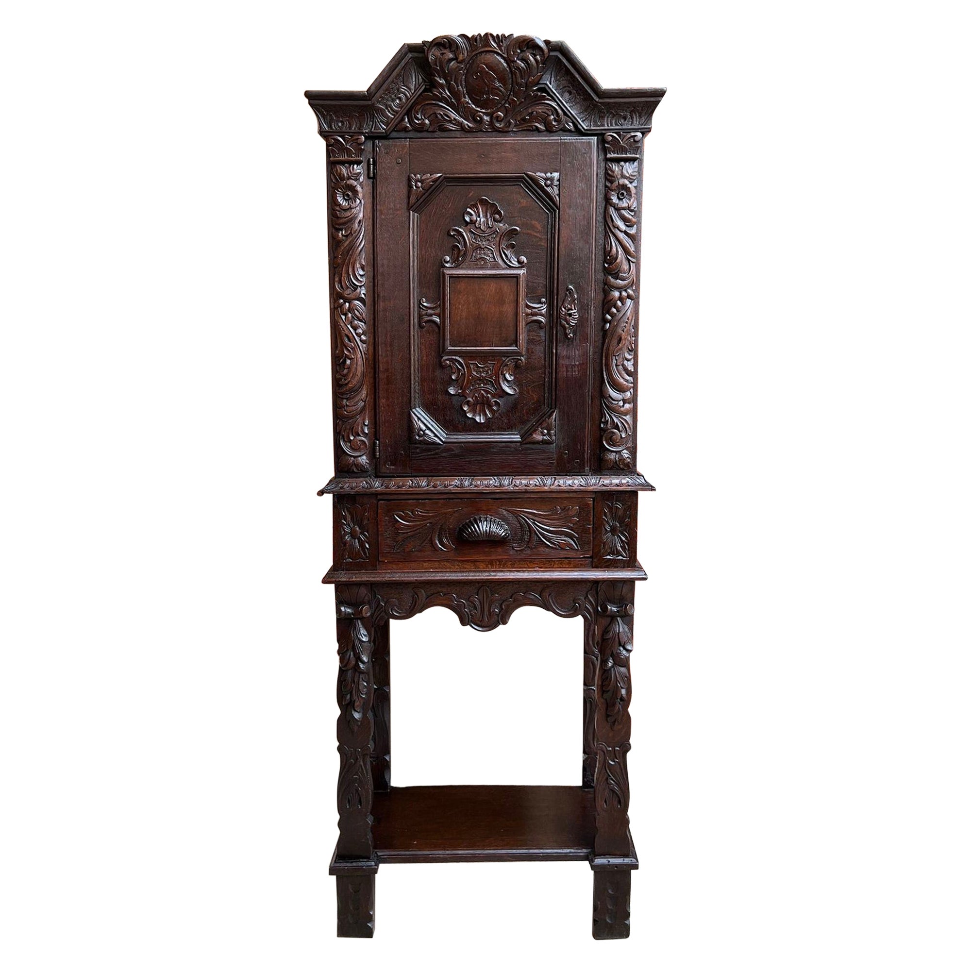 19th Century Antique English Cabinet Bookcase Carved Oak Pegged Cupboard For Sale
