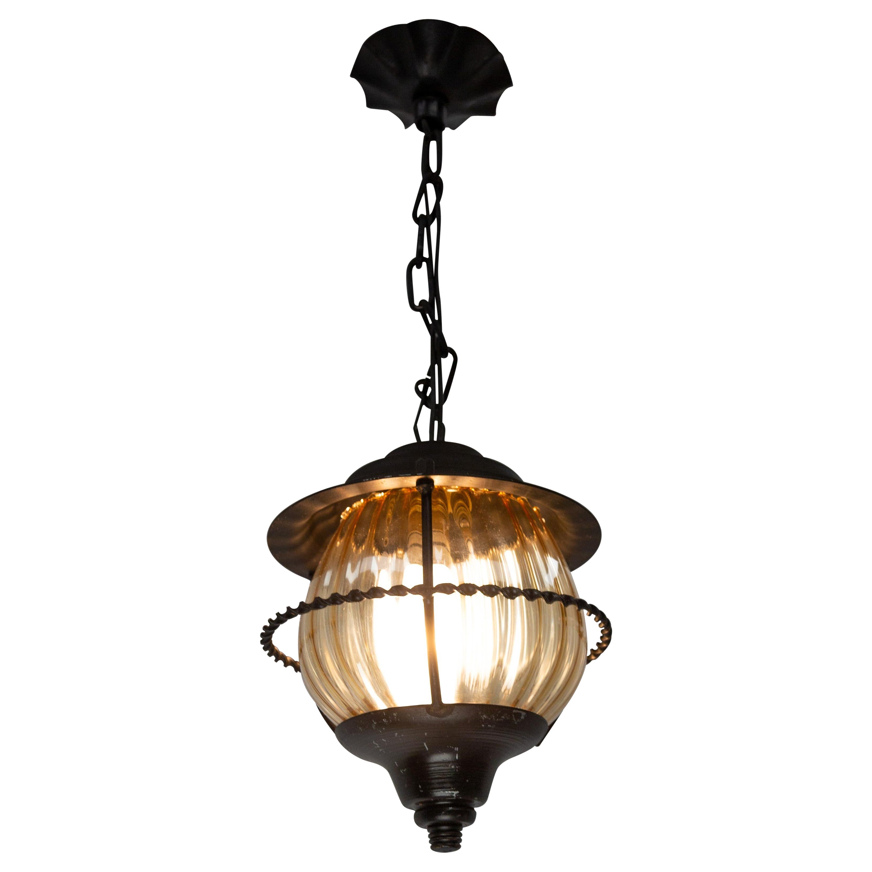 French Ceiling Lamp Iron and Colored Glass Pendant Lustre, circa 1960 For Sale