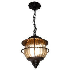 Vintage French Ceiling Lamp Iron and Colored Glass Pendant Lustre, circa 1960