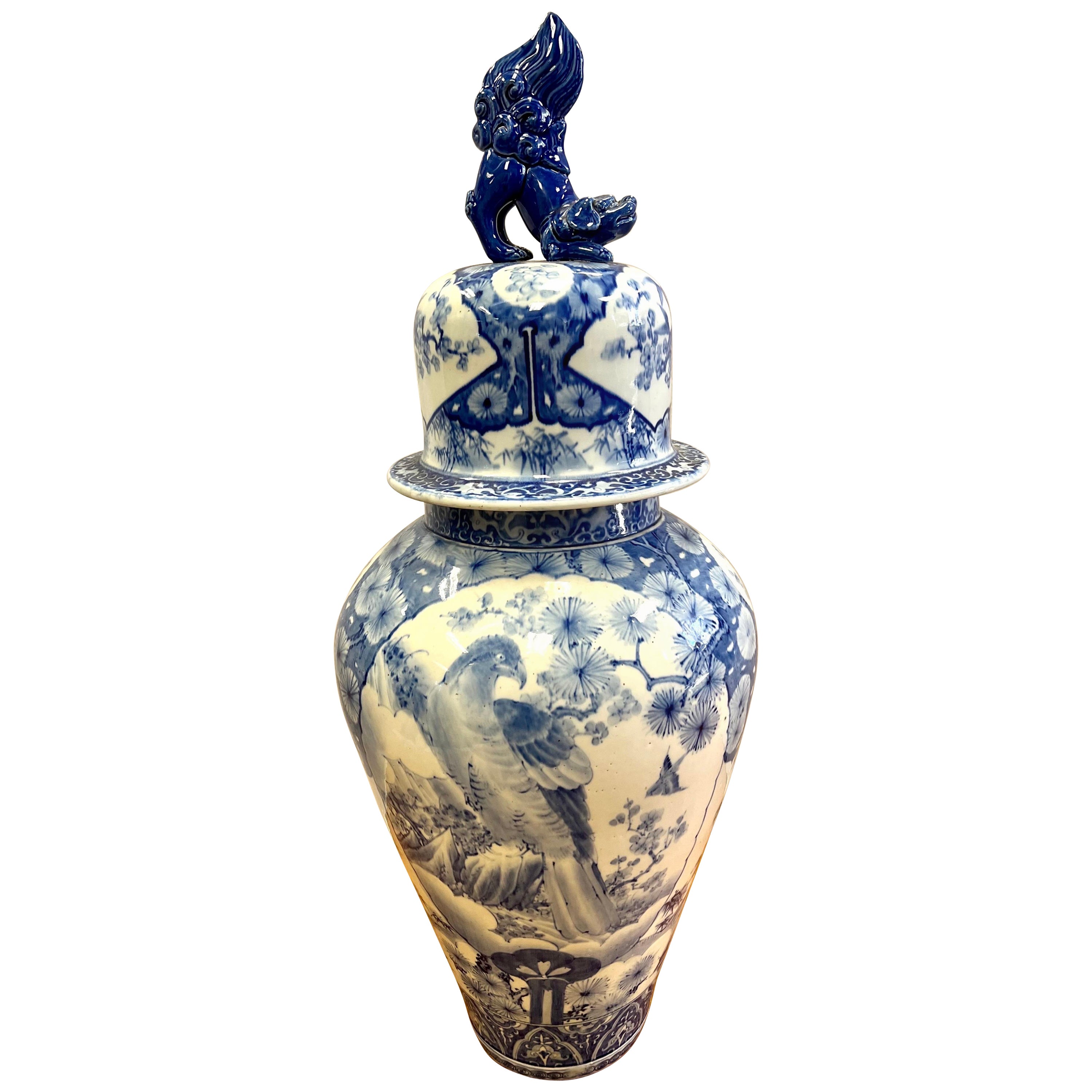 Tall Chinoiserie Blue and White Ginger Jar Urn with Foo Dog For Sale