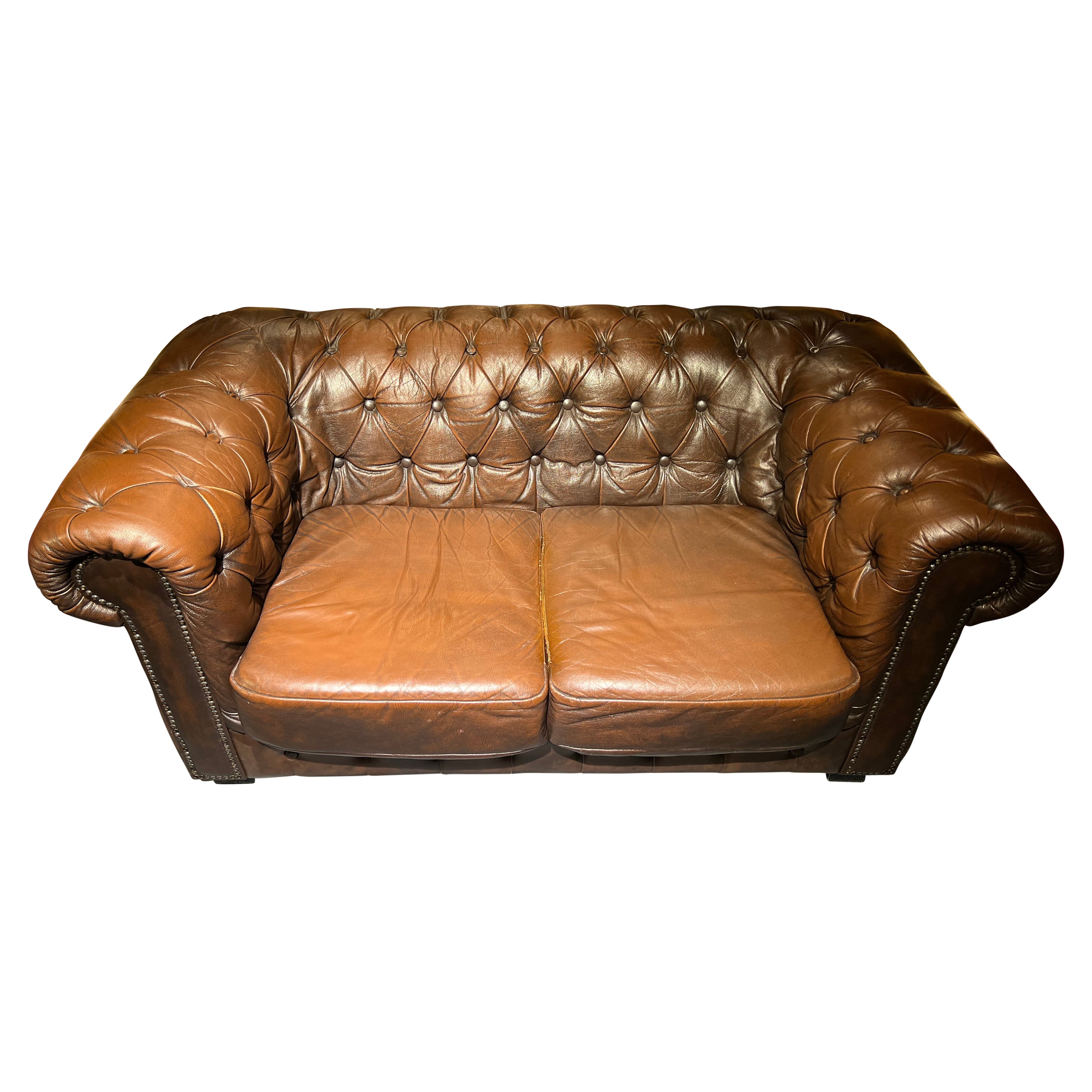 Original Chesterfield Vintage Brown Chesterfield Two-Seater Sofa