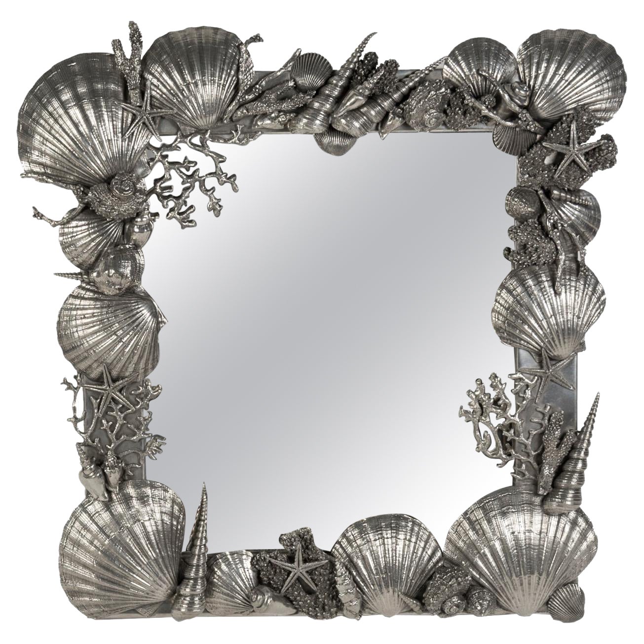 1980's huge polished pewter table mirror signed Figura Piero For Sale