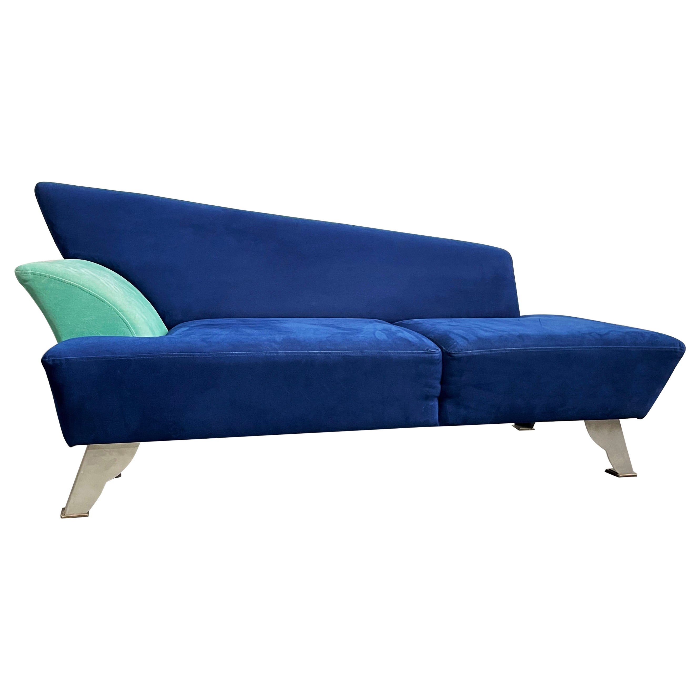 Memphis Style Italian 2-Seat Sofa in Blue Alcantara Fabric, Postmodern, 1980s
