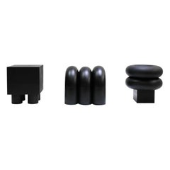 Set of 3 Dark Black Wood Seating Decorative Table, Time of Action, Chaeyoung Lee