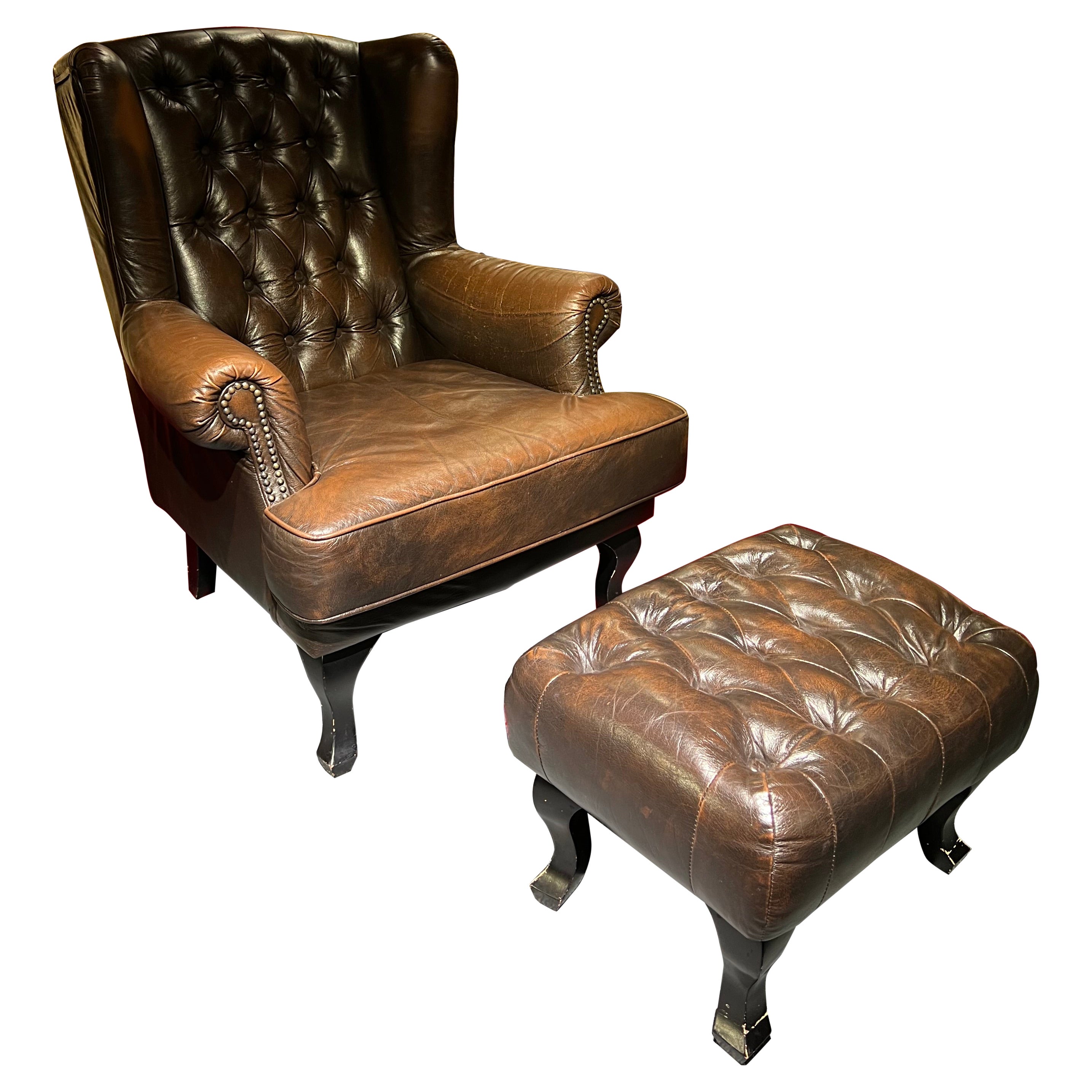 Chesterfield Tufted Dutch Brown Leather Library Club Armchair with Ottoman