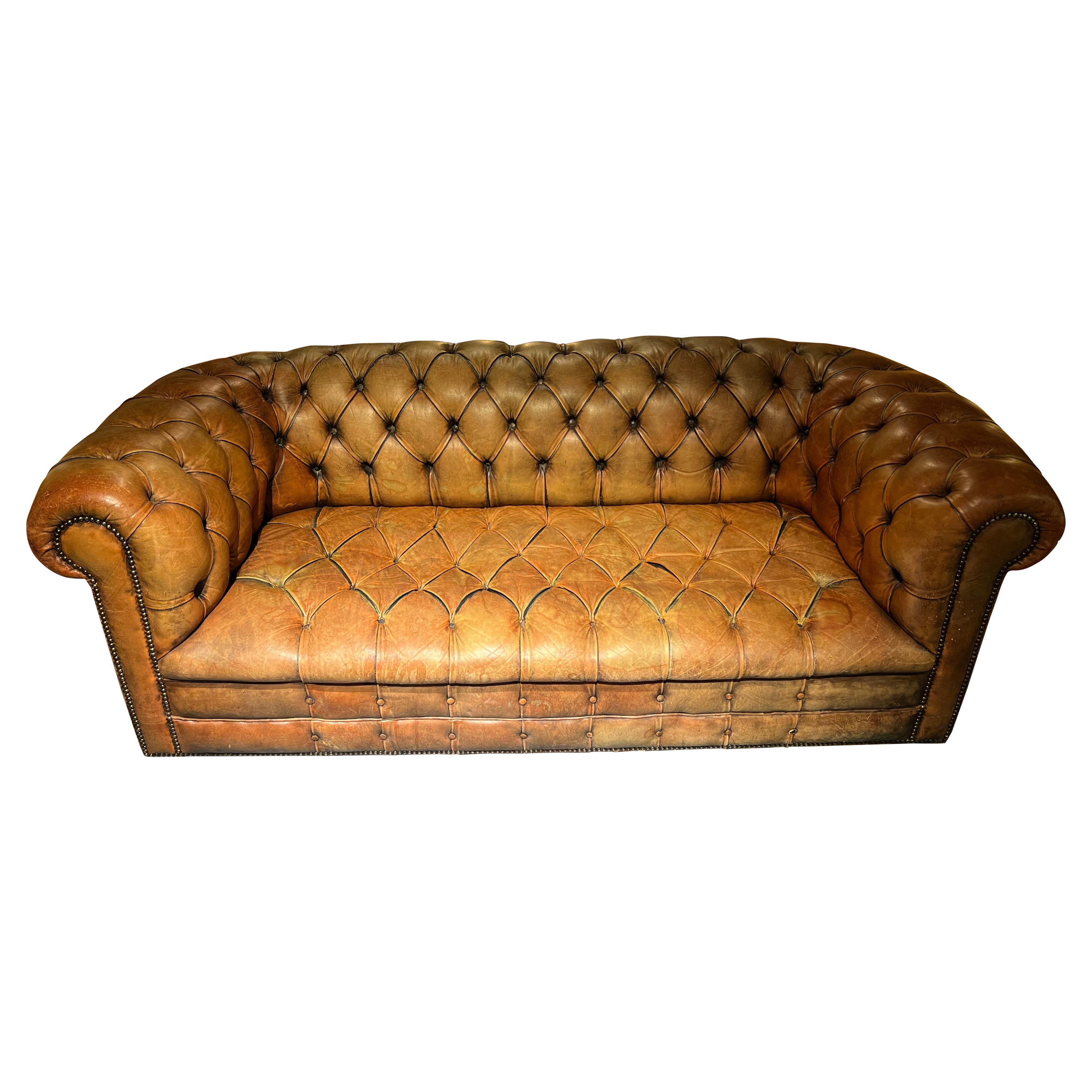 Original Vintage Chesterfield Sofa Faded Brown from around 1978 High Quality For Sale