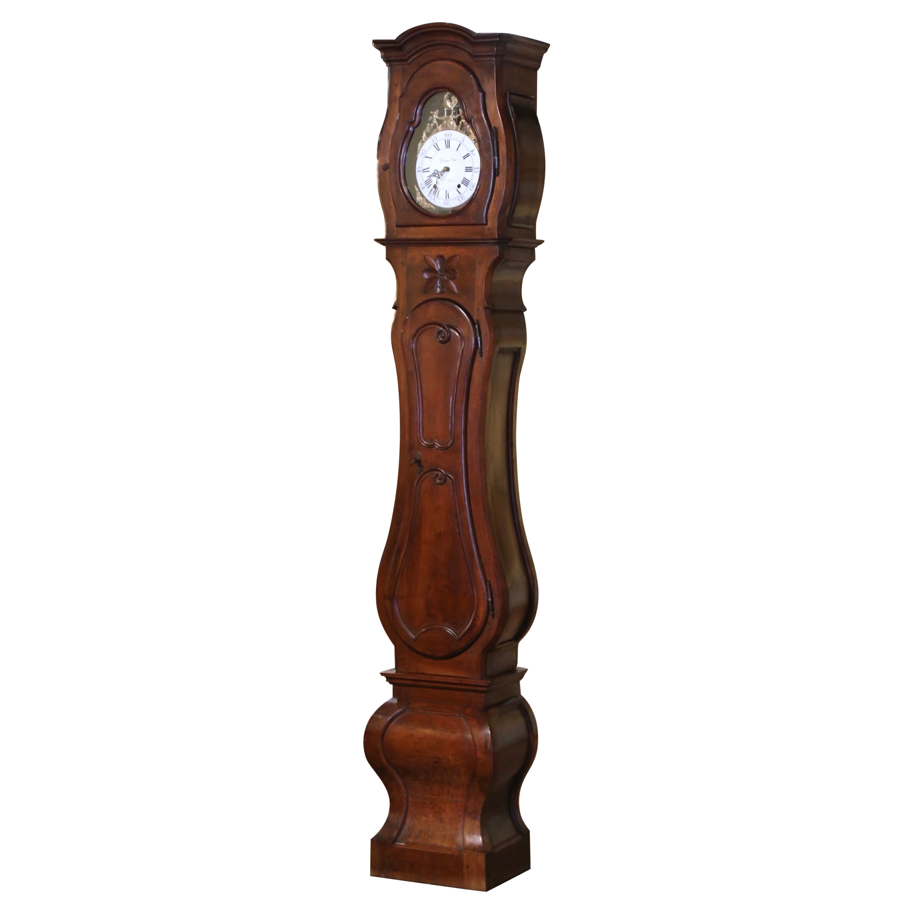 18th Century French Louis XIV Carved Walnut Tall Case Clock with Rooster
