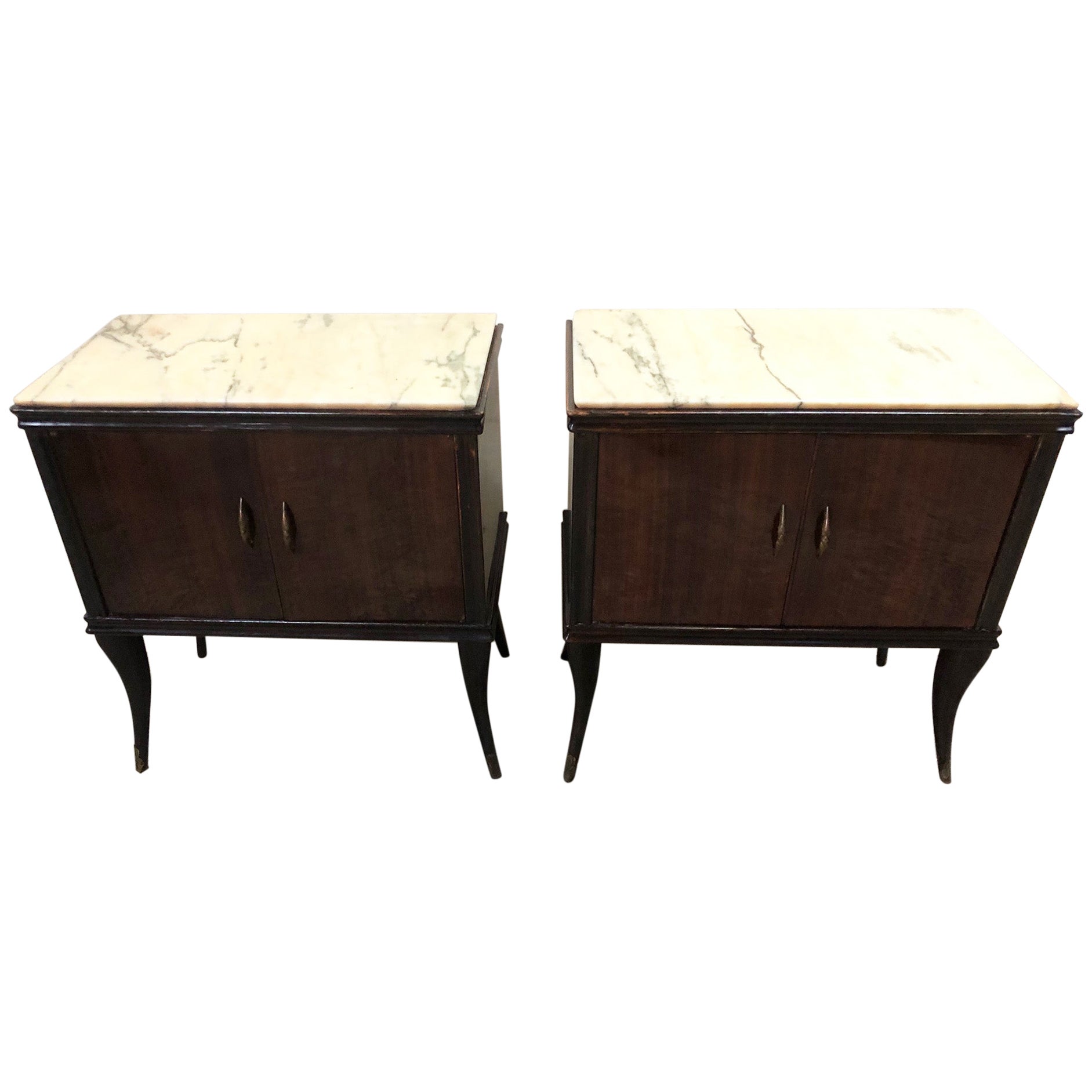 Pair of Italian Night Stands in Walnut with Cream Marble
