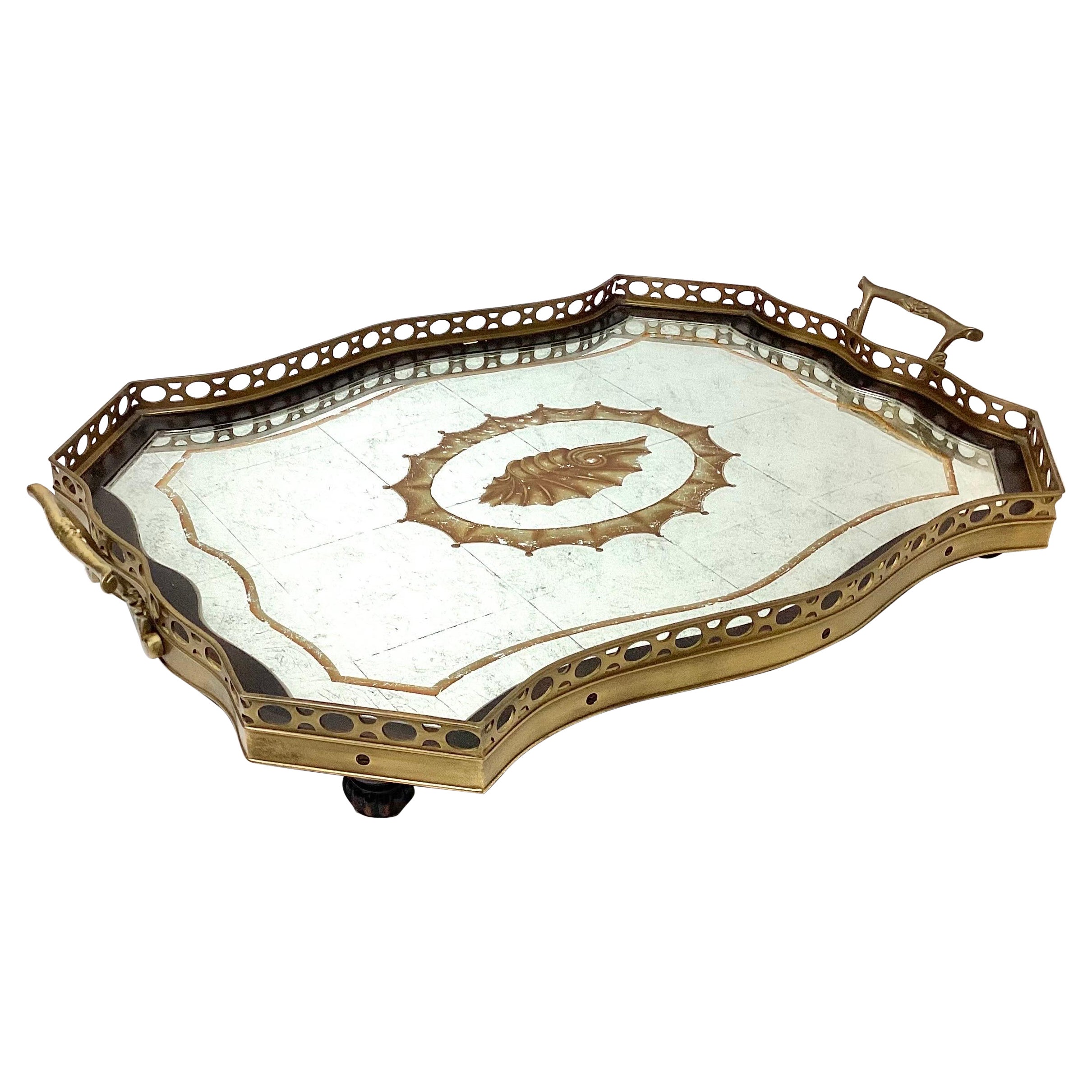 Large John Richard Silver Leaf Mirror and Brass Handled Frame Serving Tray  For Sale