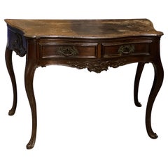 19th C French Louis XV Style Carved Mahogany Two Drawer Table