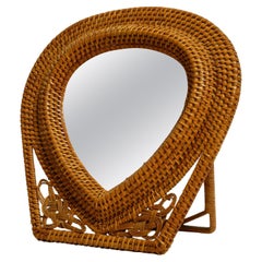 Beautiful Rare Small Rattan Raffia Braided Table or Wall Mirror from Italy 1960s
