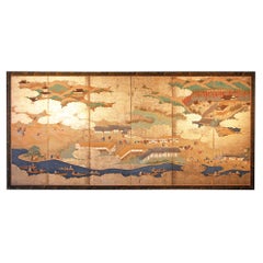 Landscape Japanese Screen Six Panels Hand Paint on Silver