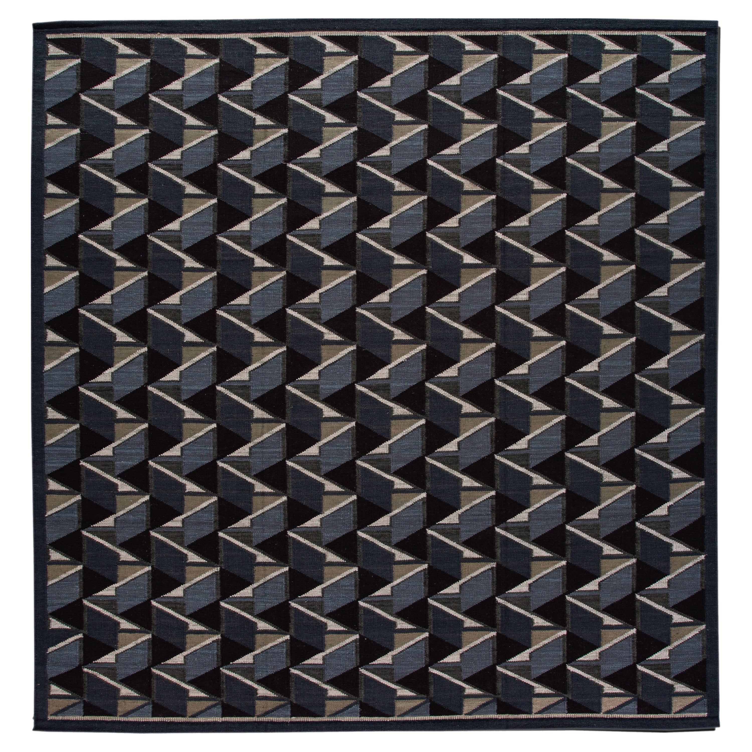 Square Modern Swedish Style Handmade Abstract Wool Rug with Black Field For Sale