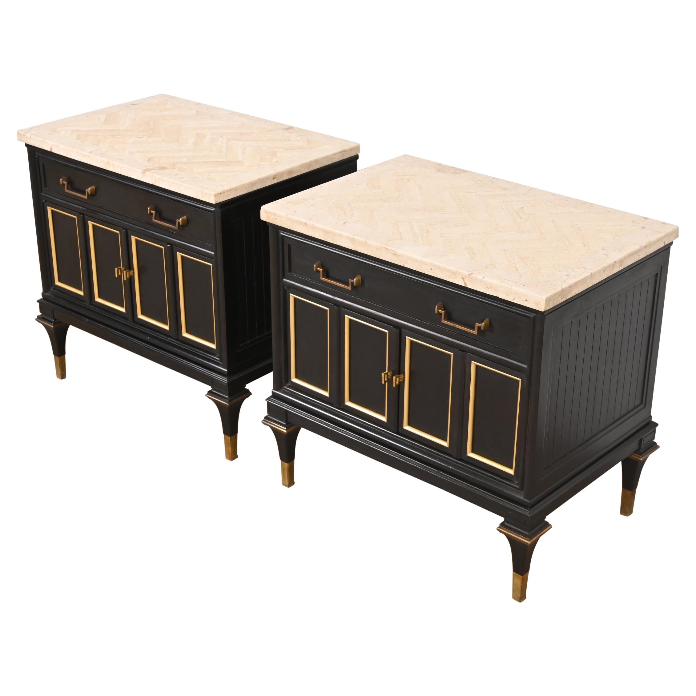 Mastercraft Hollywood Regency Black Lacquer and Brass Travertine Top Nightstands